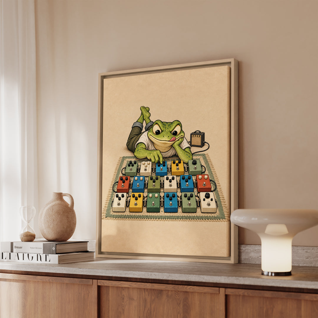 The Tone Chaser – Guitar Wall Art with a Frog and Seventeen Pedals – Framed Canvas Wall Art