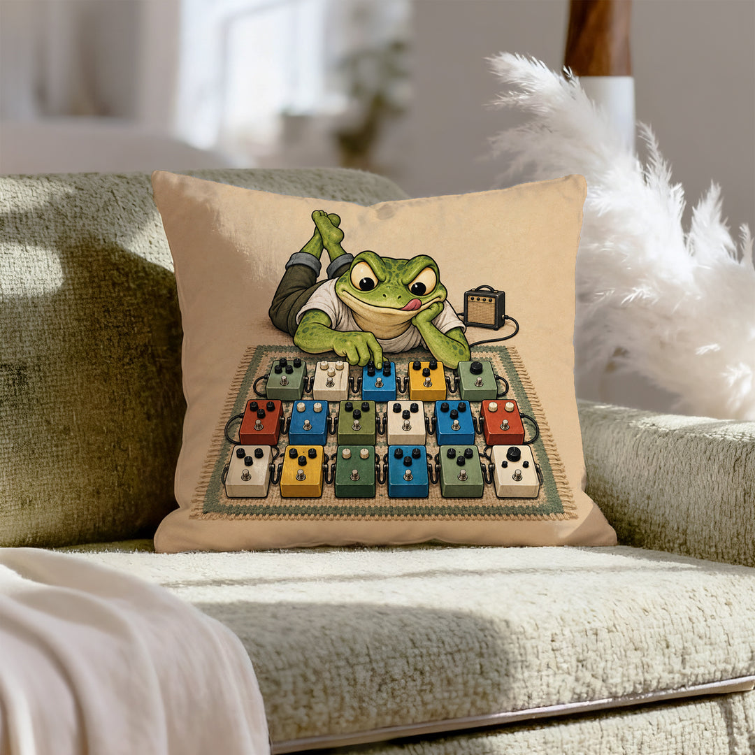 The Tone Chaser – Guitar Decor with a Frog and Seventeen Pedals – Throw Pillow