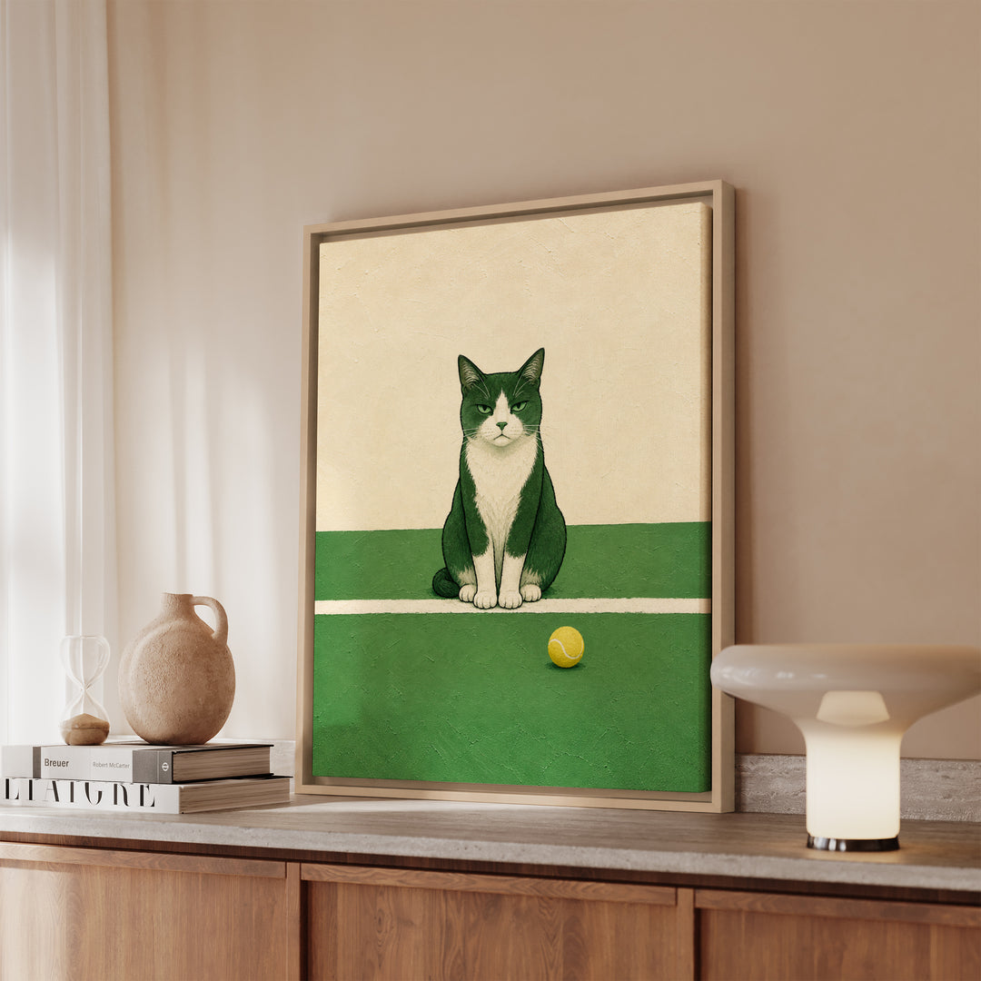 Line Judge – Tennis Wall Art with a Cat Exactly on the Baseline – Framed Canvas Wall Art