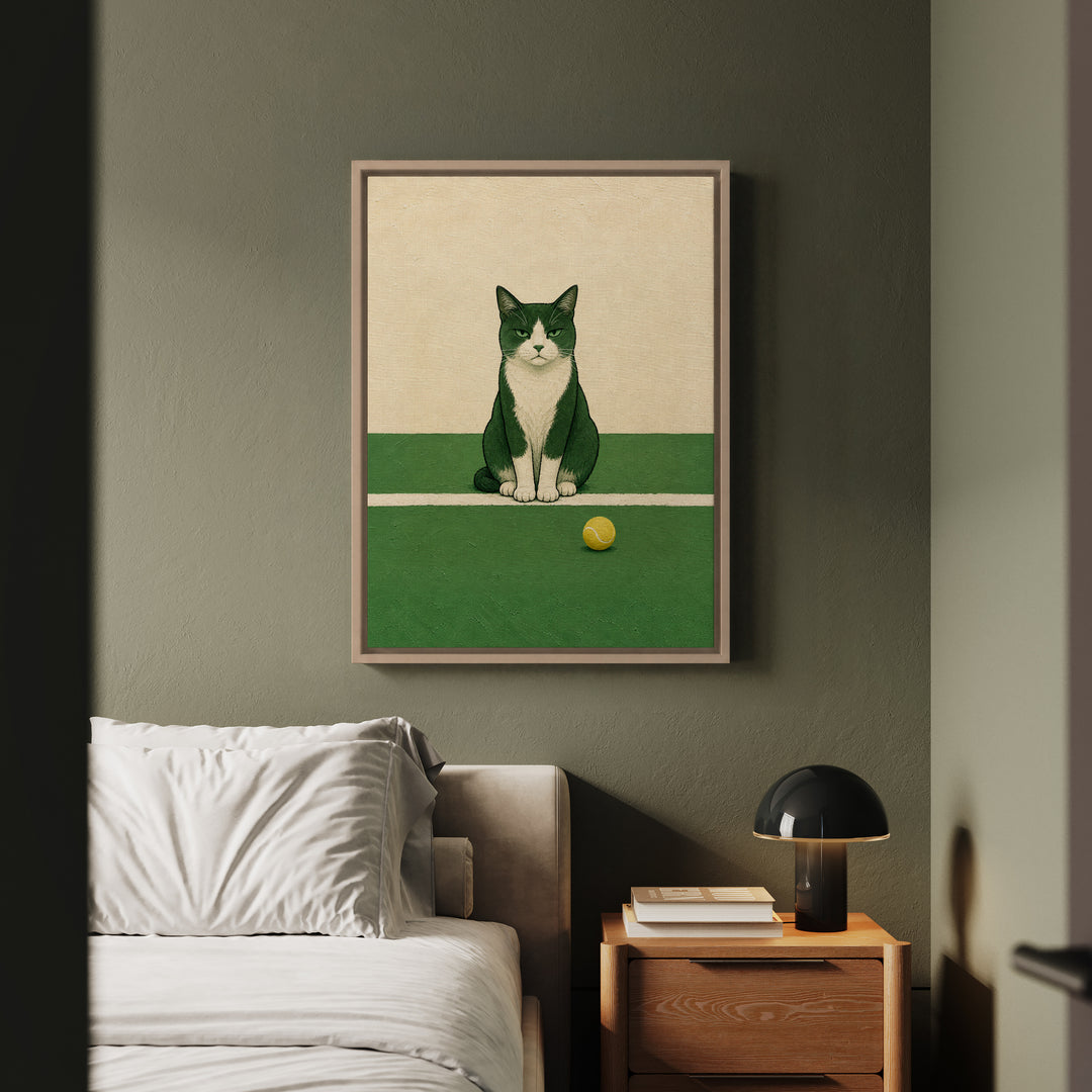 Line Judge – Tennis Wall Art with a Cat Exactly on the Baseline – Framed Canvas Wall Art