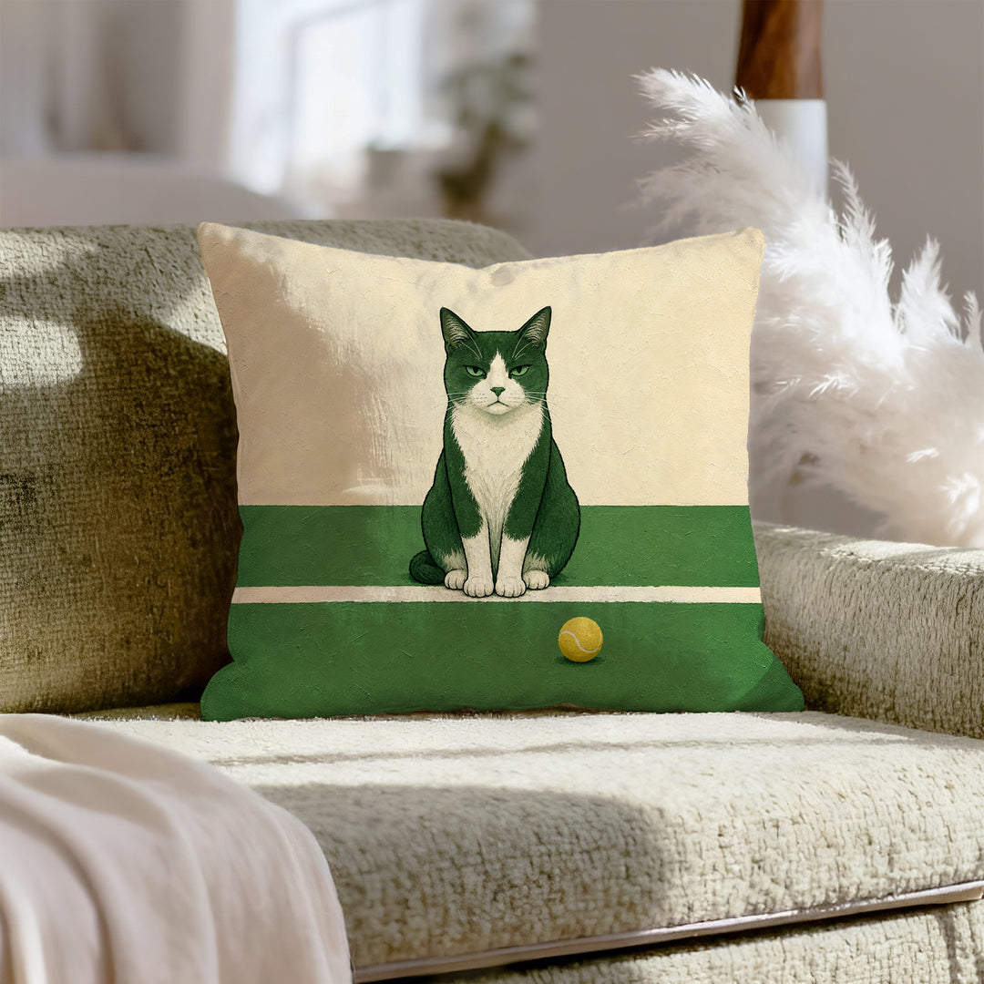 Line Judge – Tennis Decor with a Cat Exactly on the Baseline – Throw Pillow