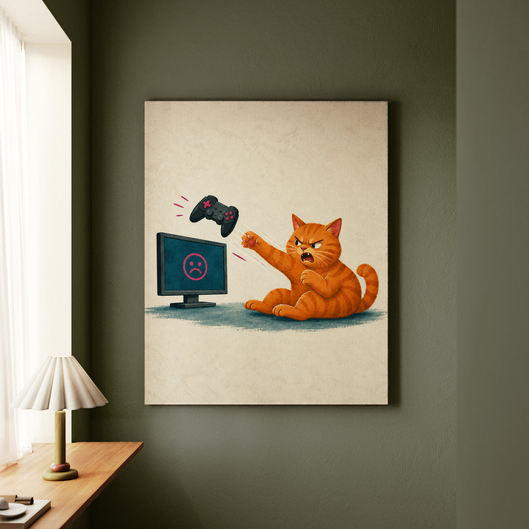 Rage Quit – Gaming Wall Art with a Cat Sending a Pad Flying – Canvas Wall Art