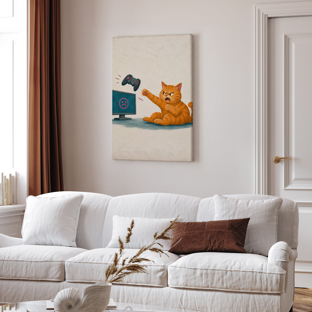 Rage Quit – Gaming Wall Art with a Cat Sending a Pad Flying – Canvas Wall Art