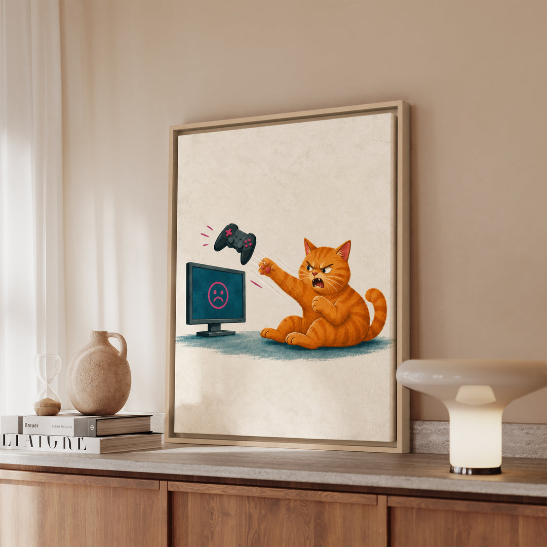 Rage Quit – Gaming Wall Art with a Cat Sending a Pad Flying – Framed Canvas Wall Art
