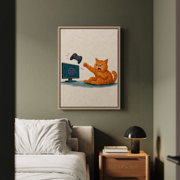 Rage Quit – Gaming Wall Art with a Cat Sending a Pad Flying – Framed Canvas Wall Art