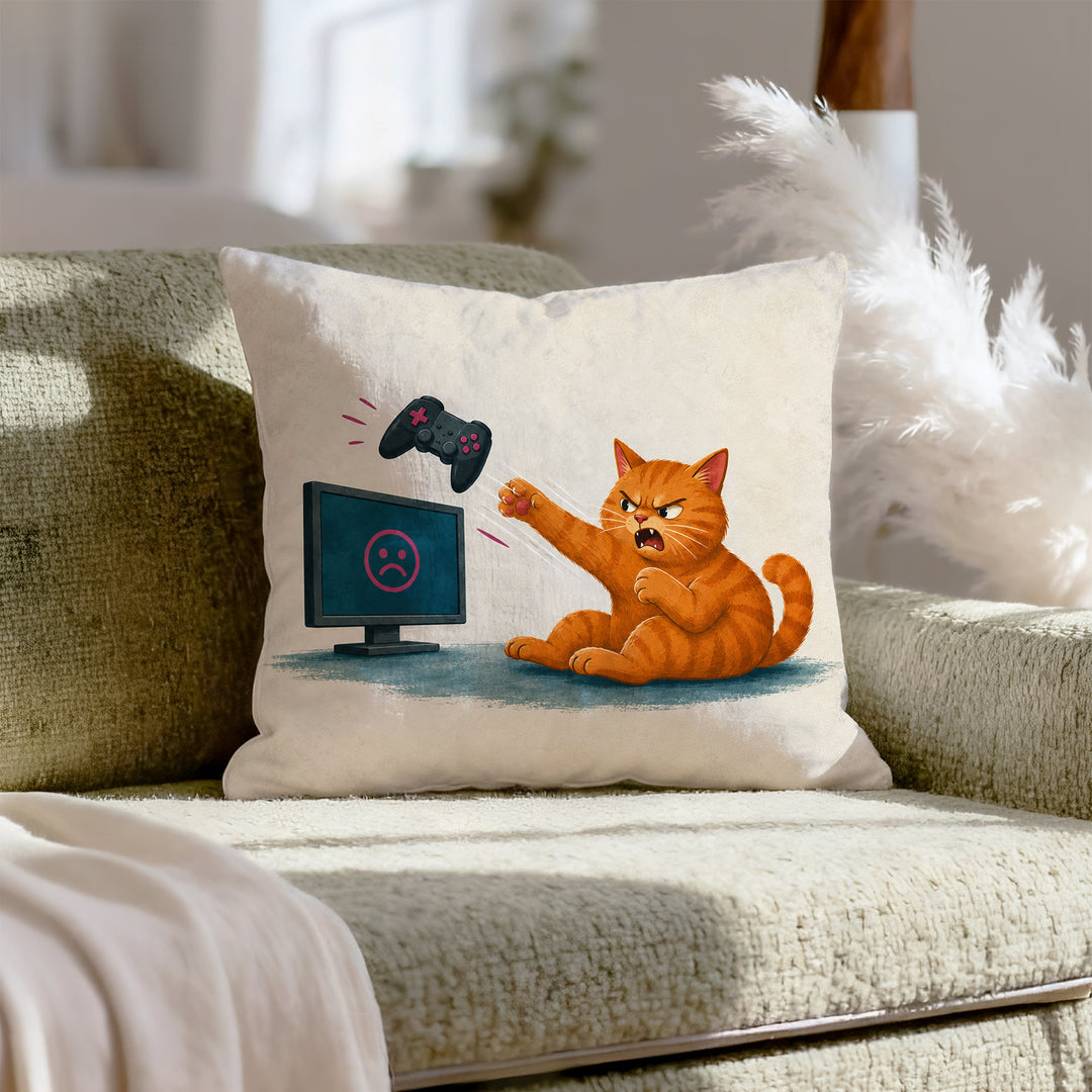 Rage Quit – Gaming Decor with a Cat Sending a Pad Flying – Pillow Cover