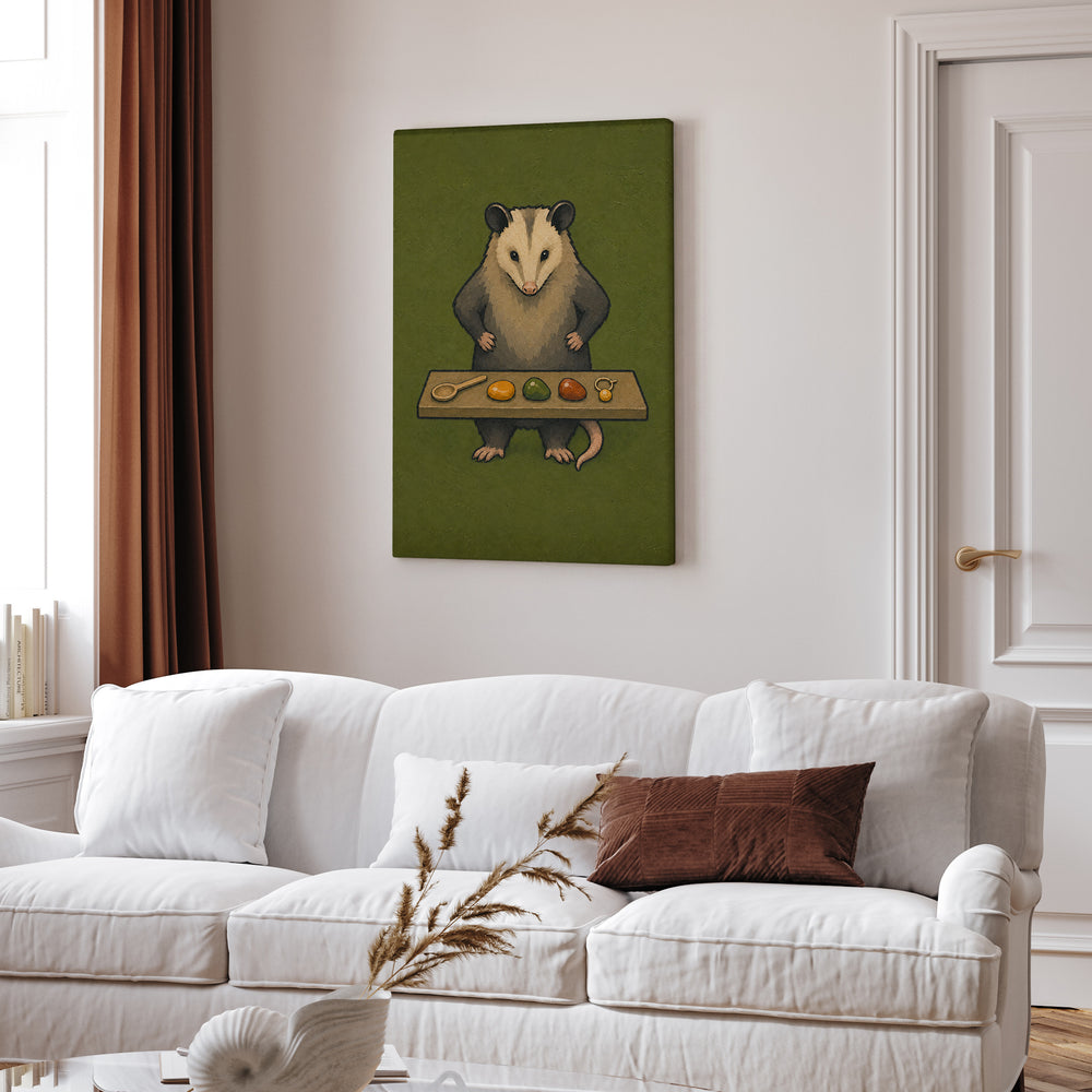 The Goblin's Treasury – Goblincore Decor with an Opossum Guarding Treasures – Canvas Wall Art