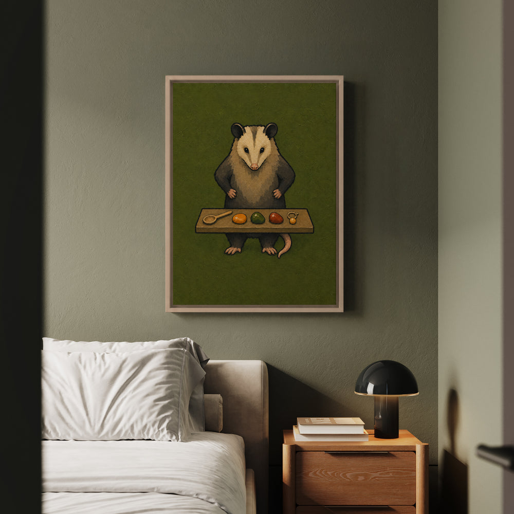 The Goblin's Treasury – Goblincore Decor with an Opossum Guarding Treasures – Framed Canvas Wall Art