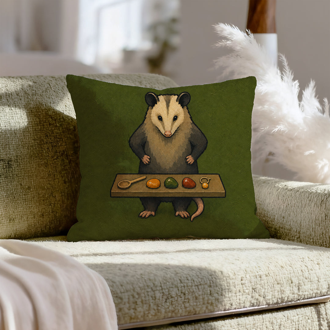 The Goblin's Treasury – Goblincore Decor with an Opossum Guarding Treasures – Throw Pillow