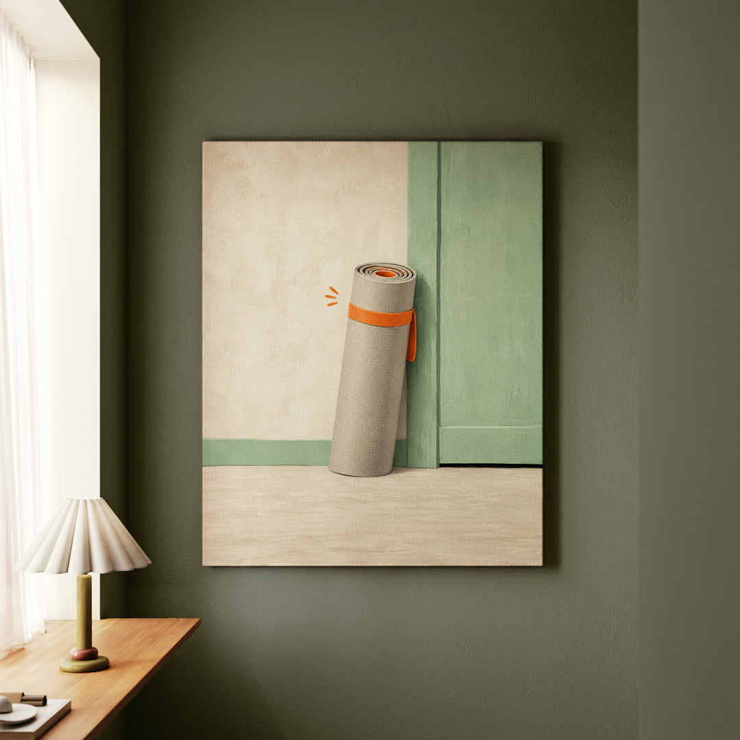 The Mat Awaits – Yoga Decor with a Rolled Up Session in Waiting – Canvas Wall Art