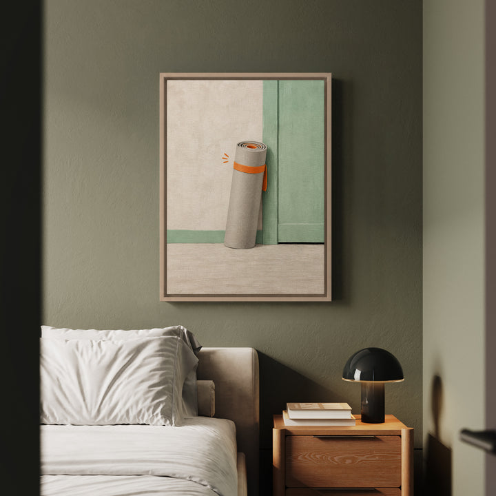 The Mat Awaits – Yoga Decor with a Rolled Up Session in Waiting – Framed Canvas Wall Art