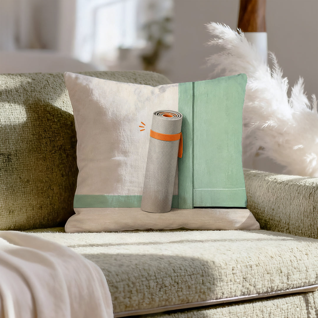 The Mat Awaits – Yoga Decor with a Rolled Up Session in Waiting – Throw Pillow