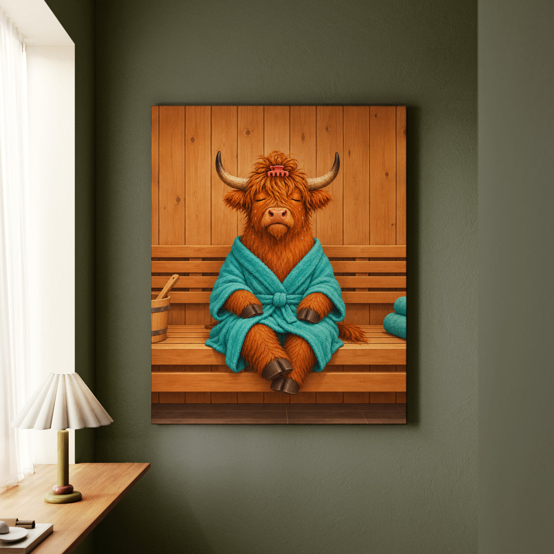 Steam Room – Highland Cow Art in a Sauna Towel – Canvas Wall Art
