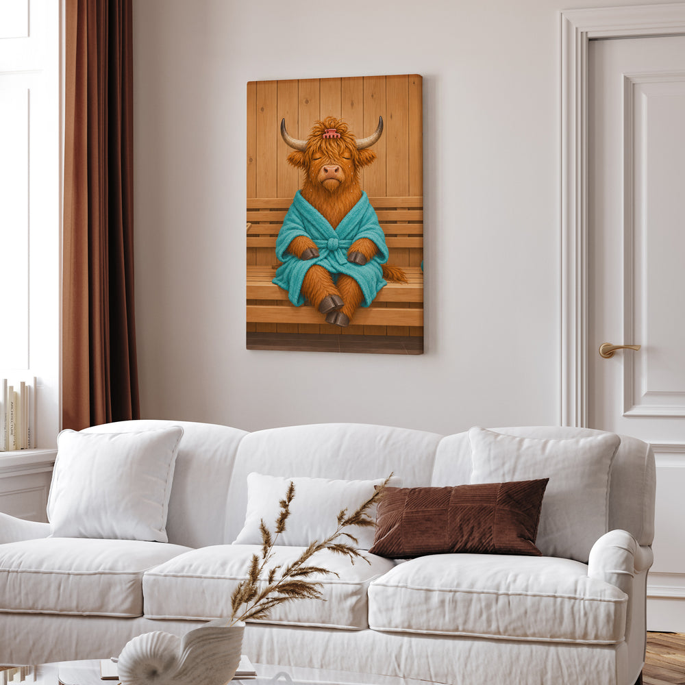 Steam Room – Highland Cow Art in a Sauna Towel – Canvas Wall Art