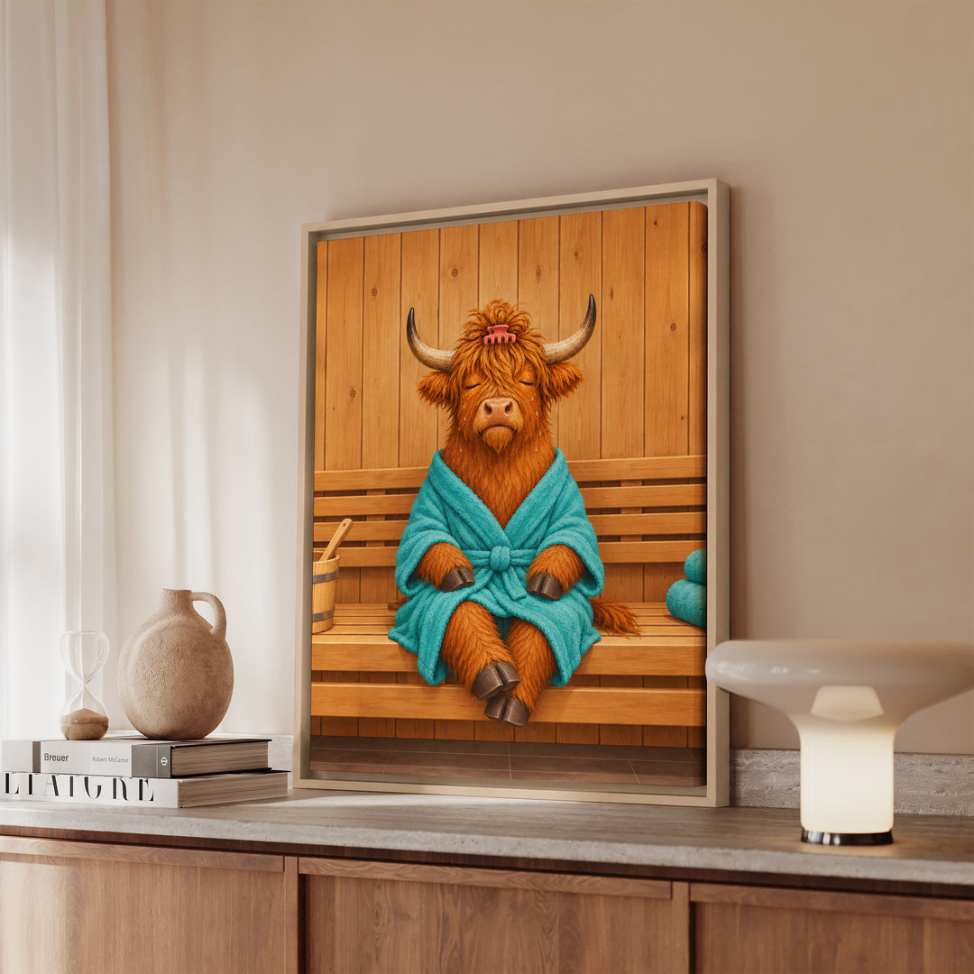 Steam Room – Highland Cow Art in a Sauna Towel – Framed Canvas Wall Art