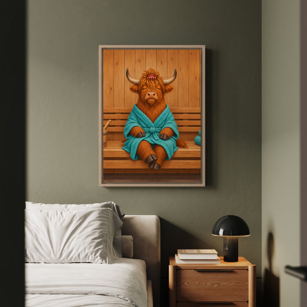 Steam Room – Highland Cow Art in a Sauna Towel – Framed Canvas Wall Art
