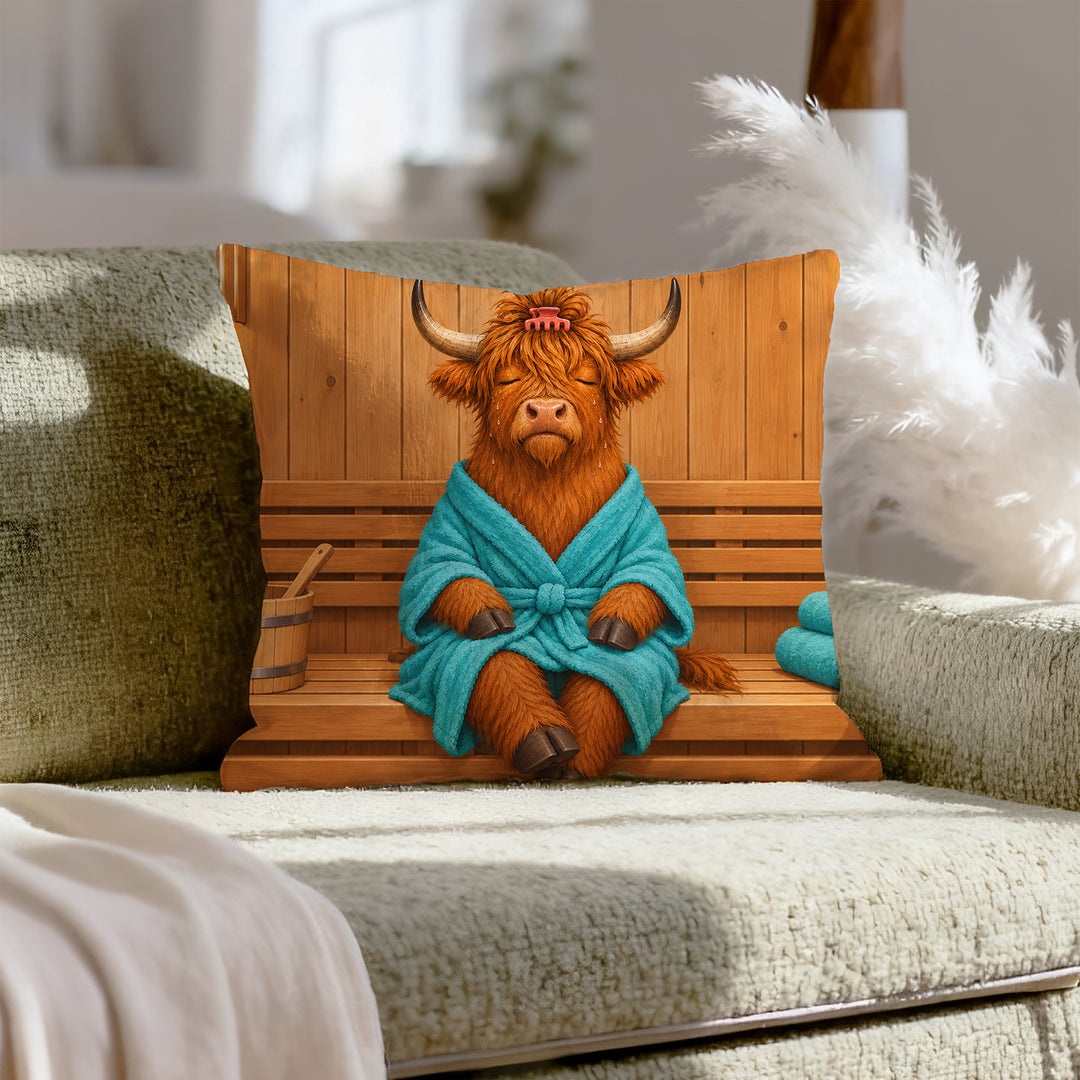 Steam Room – Highland Cow Decor in a Sauna Towel – Throw Pillow