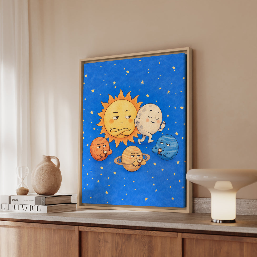 Eclipse: Excuse Me – Celestial Wall Art with a Polite Squeeze Past – Framed Canvas Wall Art