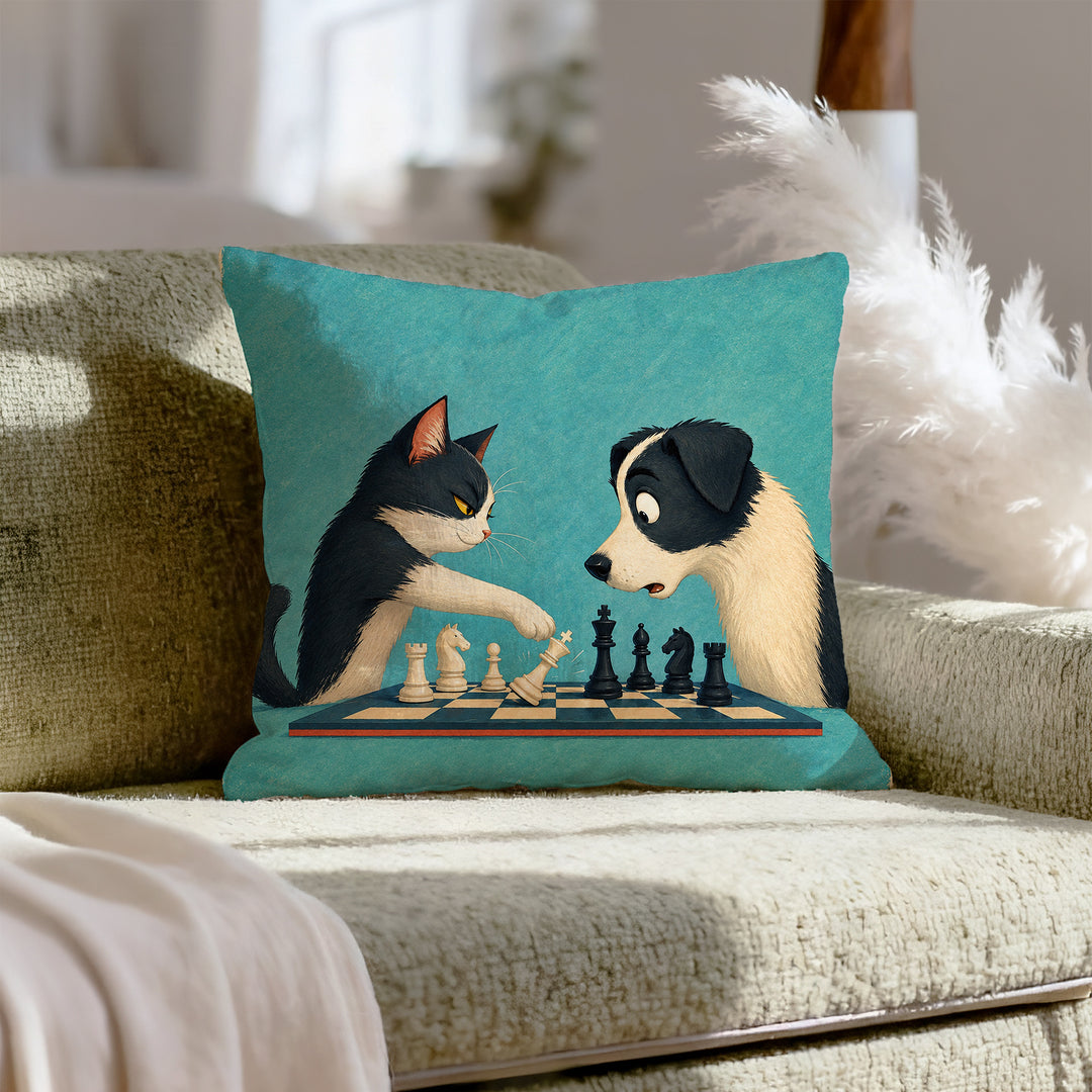 Checkmate – Quirky Decor with a Chessboard and a Tipped King – Pillow Cover