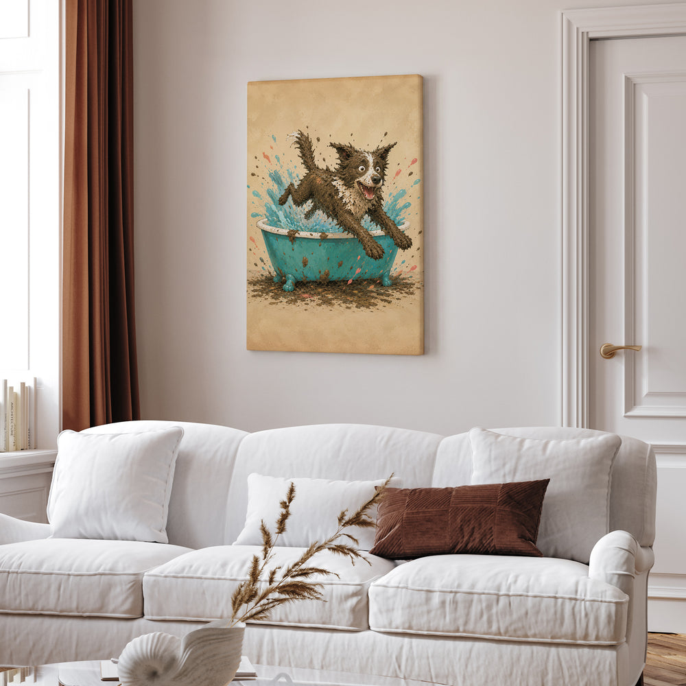 Mud Escape – Dog Bathroom Art with a Soapy Tub Getaway – Canvas Wall Art