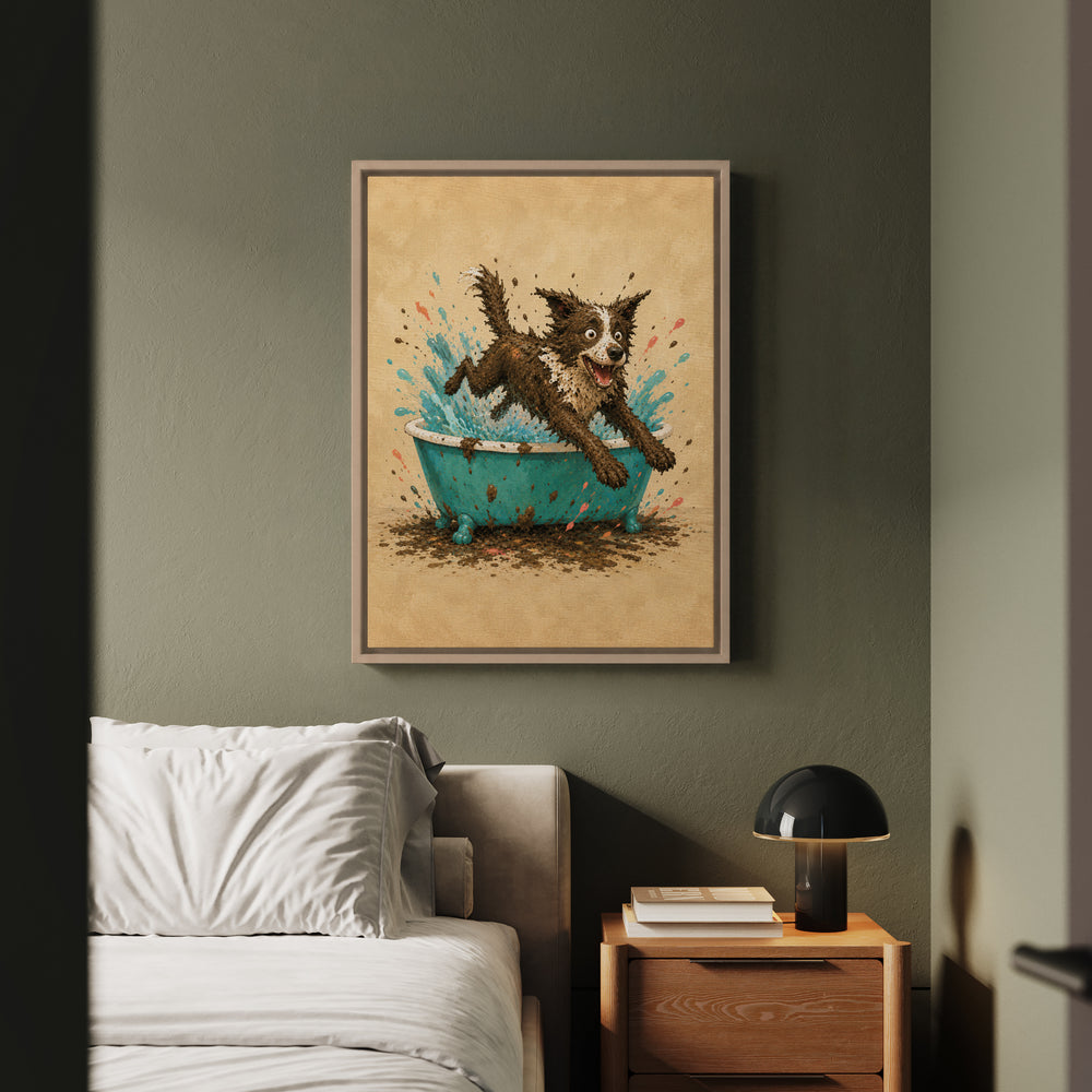 Mud Escape – Dog Bathroom Art with a Soapy Tub Getaway – Framed Canvas Wall Art