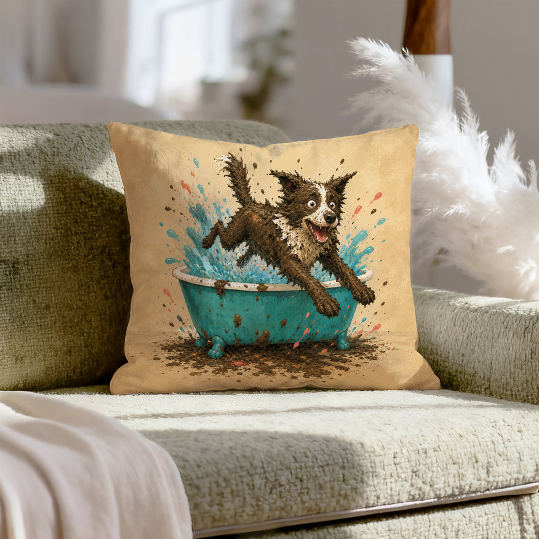 Mud Escape – Dog Bathroom Decor with a Soapy Tub Getaway – Pillow Cover