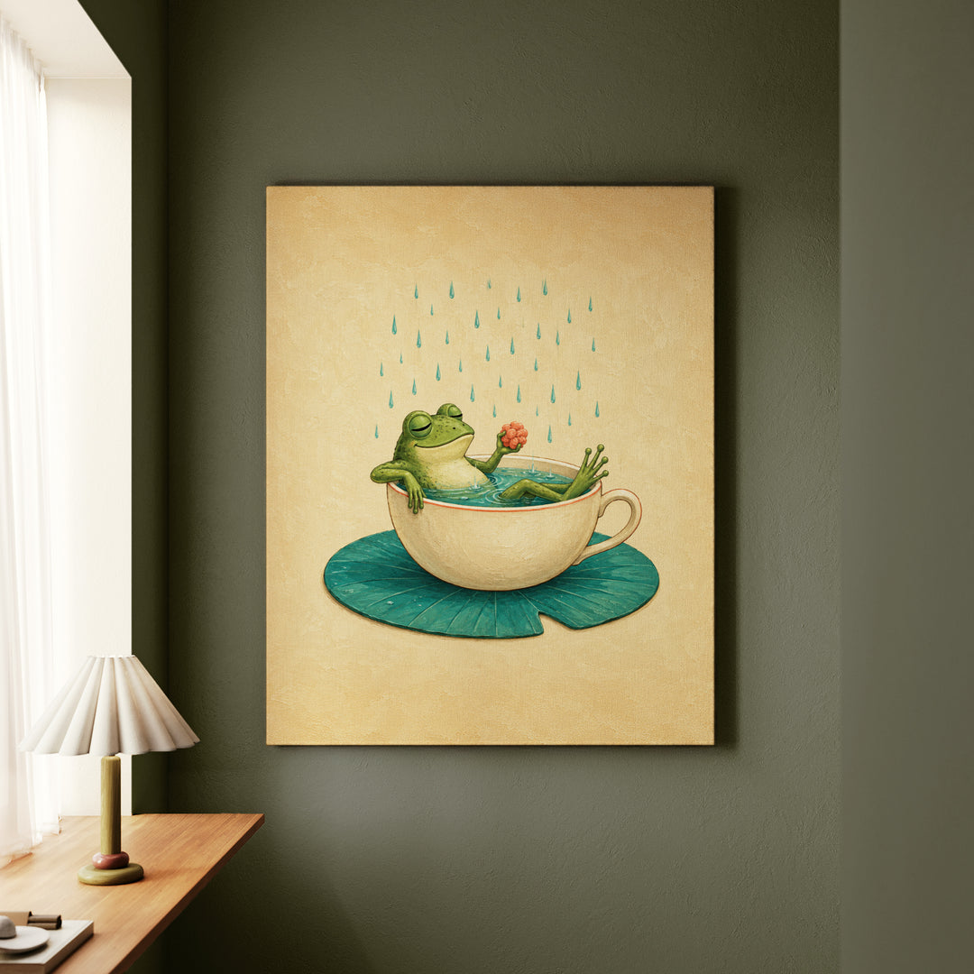 Lily Pad Bath – Frog Bathroom Art with a Teacup Sized Soak – Canvas Wall Art