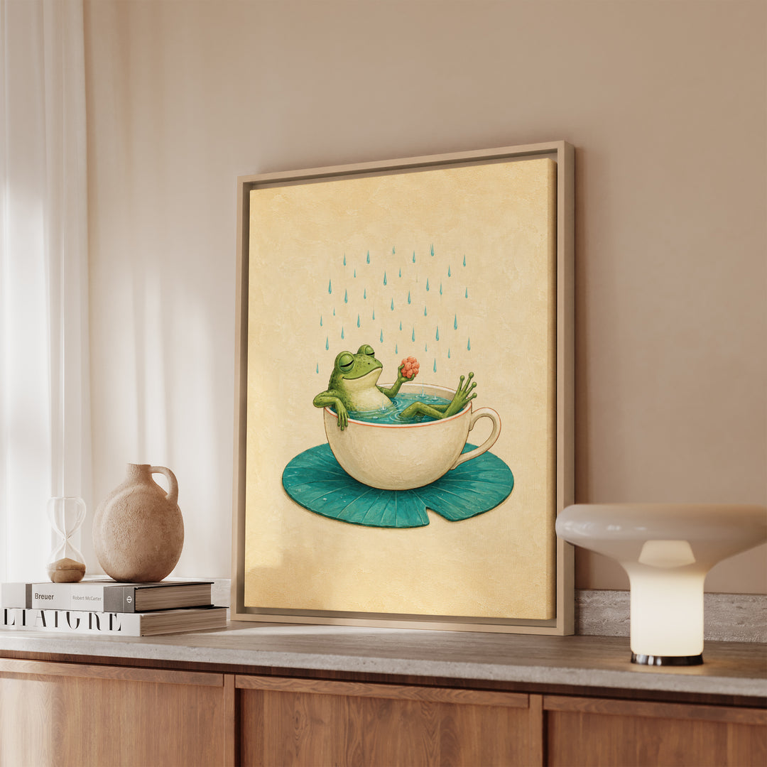 Lily Pad Bath – Frog Bathroom Art with a Teacup Sized Soak – Framed Canvas Wall Art