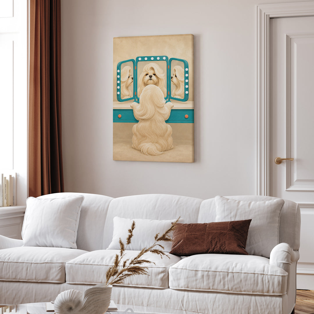 Vanity Fair – Funny Bathroom Art with a Dog Checking Its Blowout – Canvas Wall Art