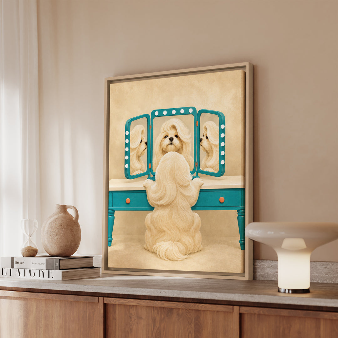 Vanity Fair – Funny Bathroom Art with a Dog Checking Its Blowout – Framed Canvas Wall Art