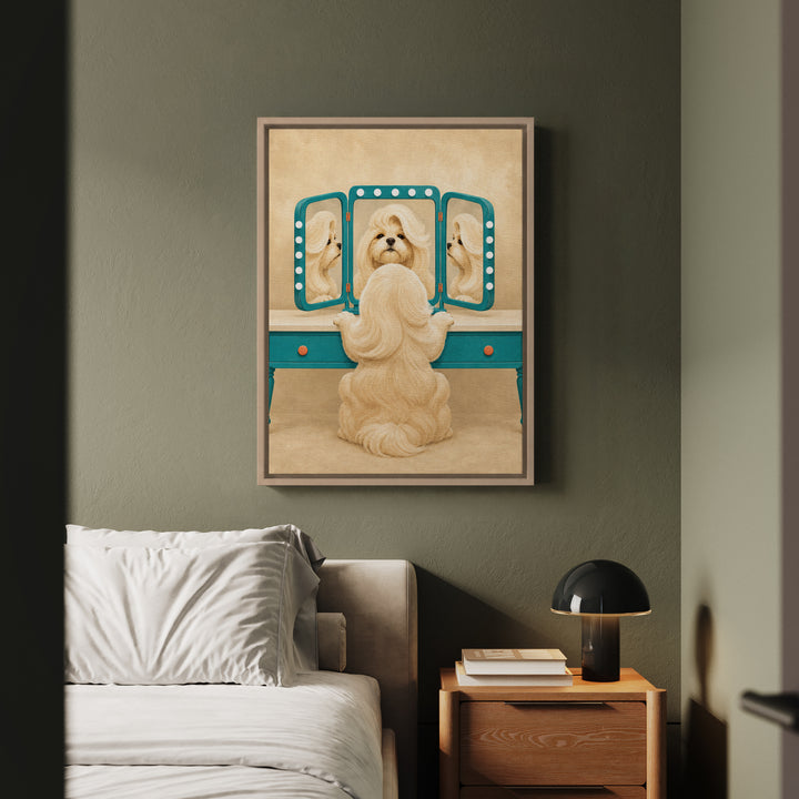 Vanity Fair – Funny Bathroom Art with a Dog Checking Its Blowout – Framed Canvas Wall Art
