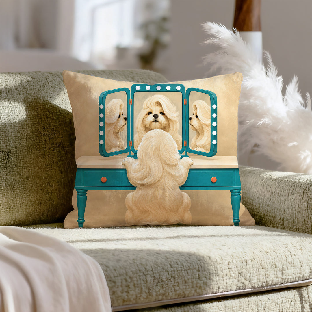 Vanity Fair – Funny Bathroom Decor with a Dog Checking Its Blowout – Throw Pillow