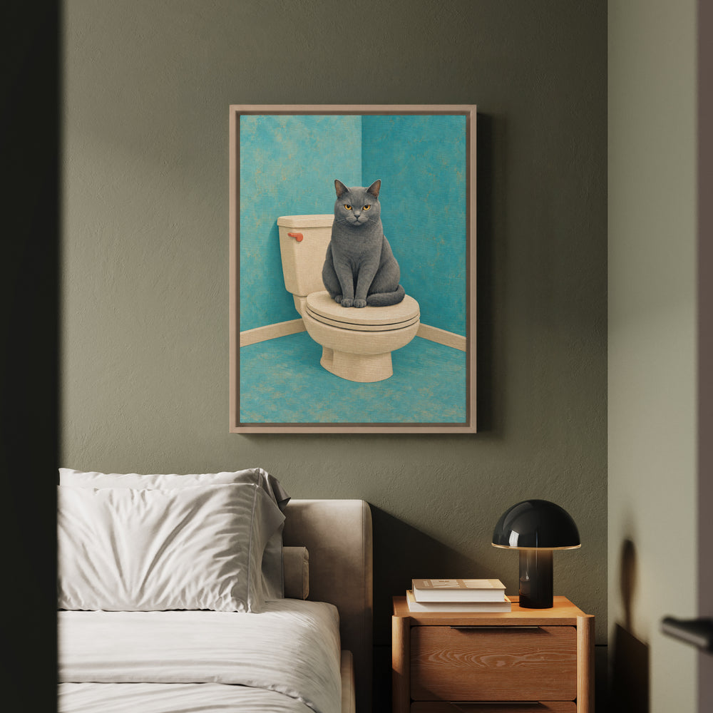 The Lid Sitter – Cat Bathroom Art with a Watchful Toilet Guard – Framed Canvas Wall Art