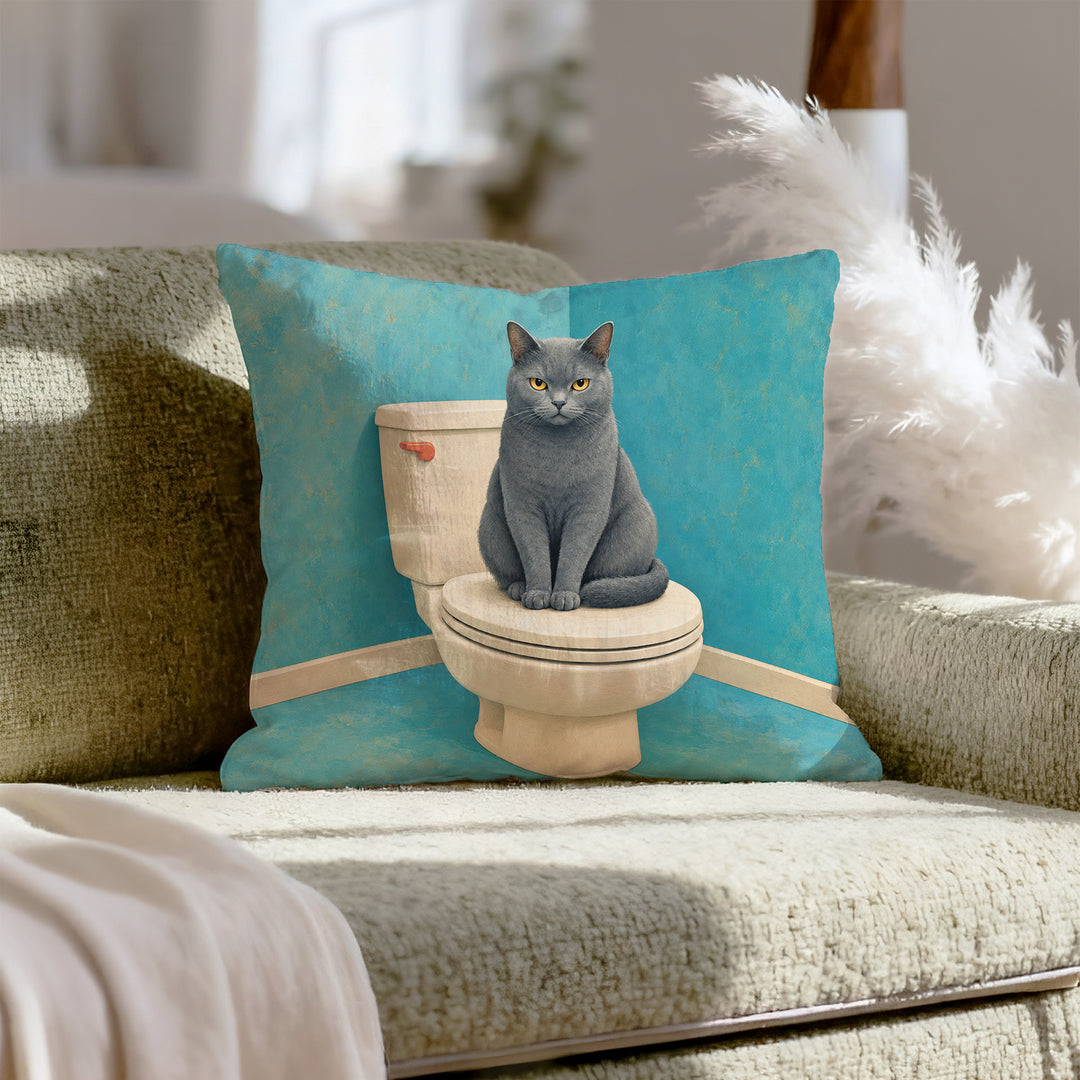 The Lid Sitter – Cat Bathroom Decor with a Watchful Toilet Guard – Pillow Cover