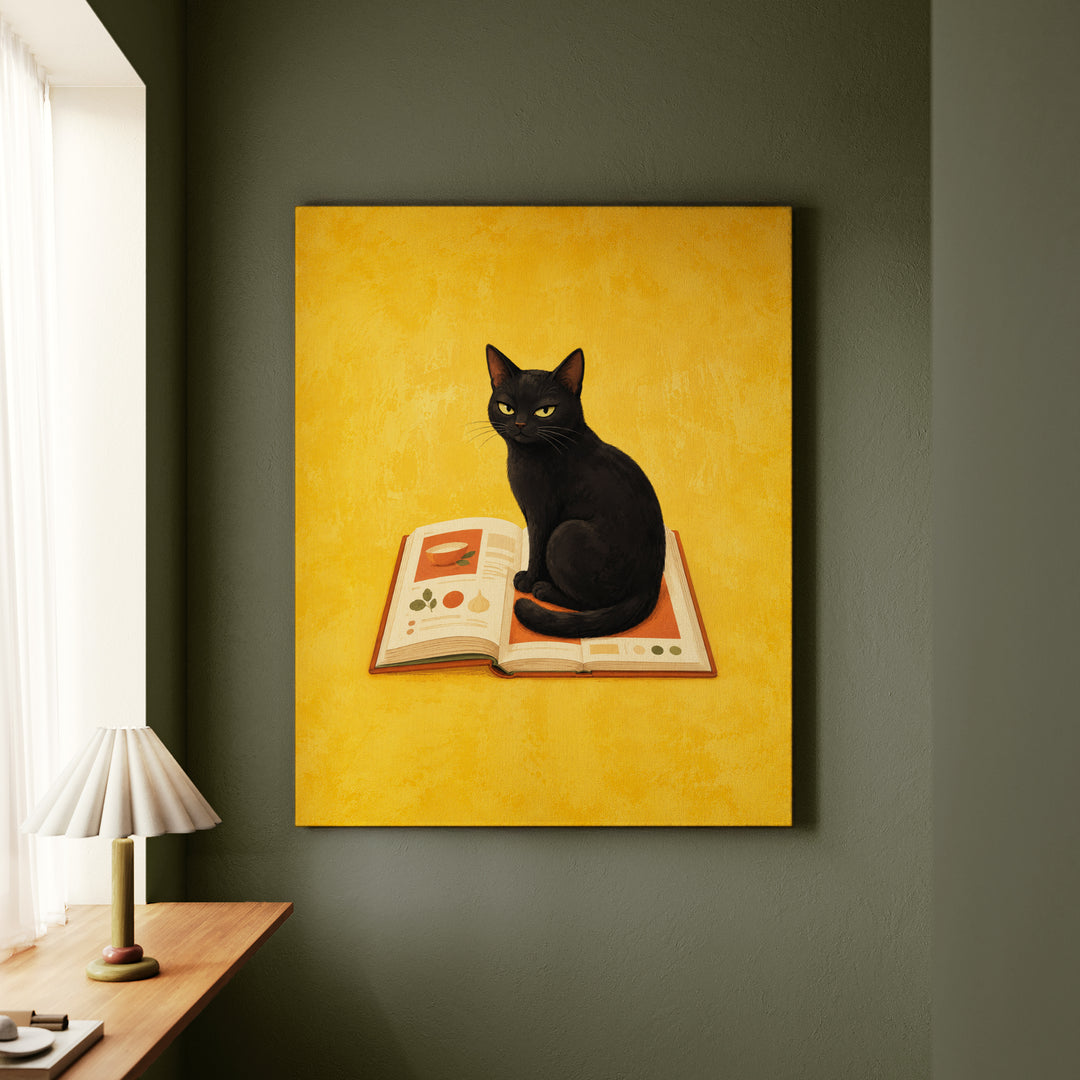 Recipe Critic – Funny Kitchen Art with a Cat on the Open Cookbook – Canvas Wall Art