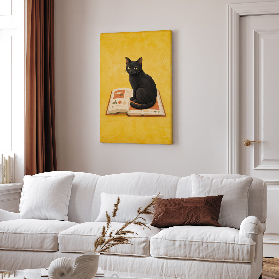 Recipe Critic – Funny Kitchen Art with a Cat on the Open Cookbook – Canvas Wall Art