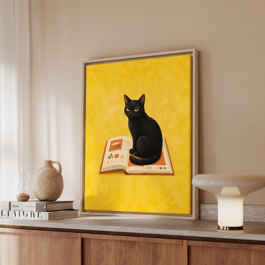Recipe Critic – Funny Kitchen Art with a Cat on the Open Cookbook – Framed Canvas Wall Art