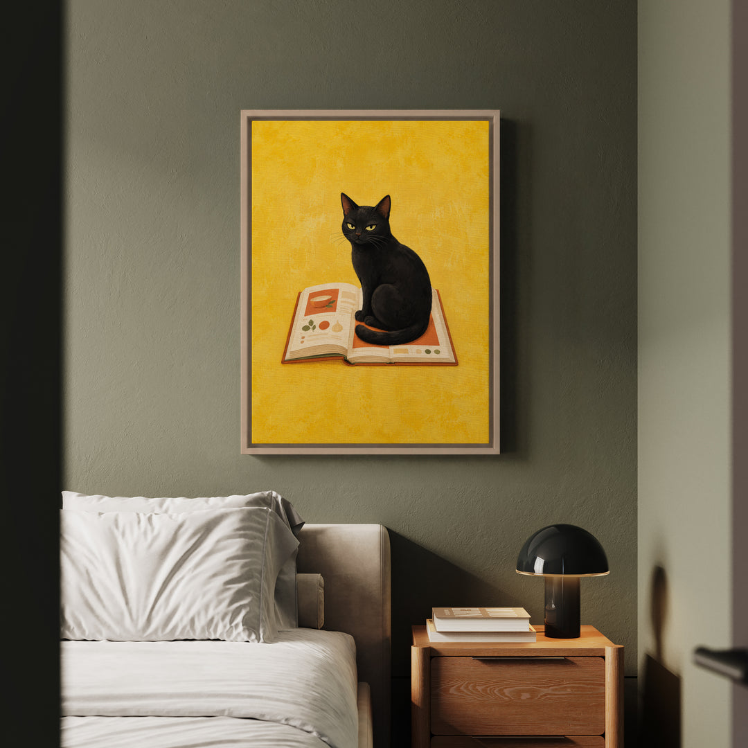 Recipe Critic – Funny Kitchen Art with a Cat on the Open Cookbook – Framed Canvas Wall Art