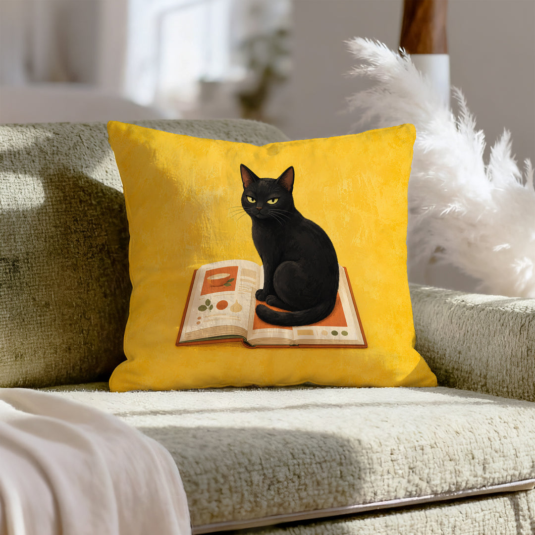 Recipe Critic – Funny Kitchen Decor with a Cat on the Open Cookbook – Throw Pillow