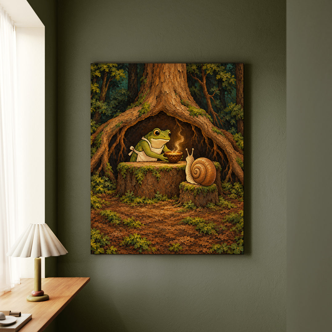 Mud Kitchen, Open Late – Cottagecore Decor with a Frog Serving Under a Root – Canvas / Framed Canvas
