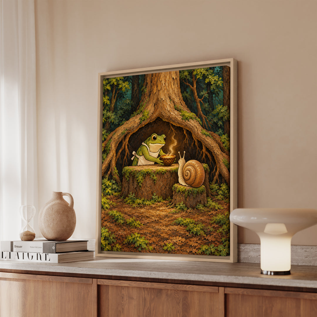 Mud Kitchen, Open Late – Cottagecore Decor with a Frog Serving Under a Root – Framed Canvas Wall Art