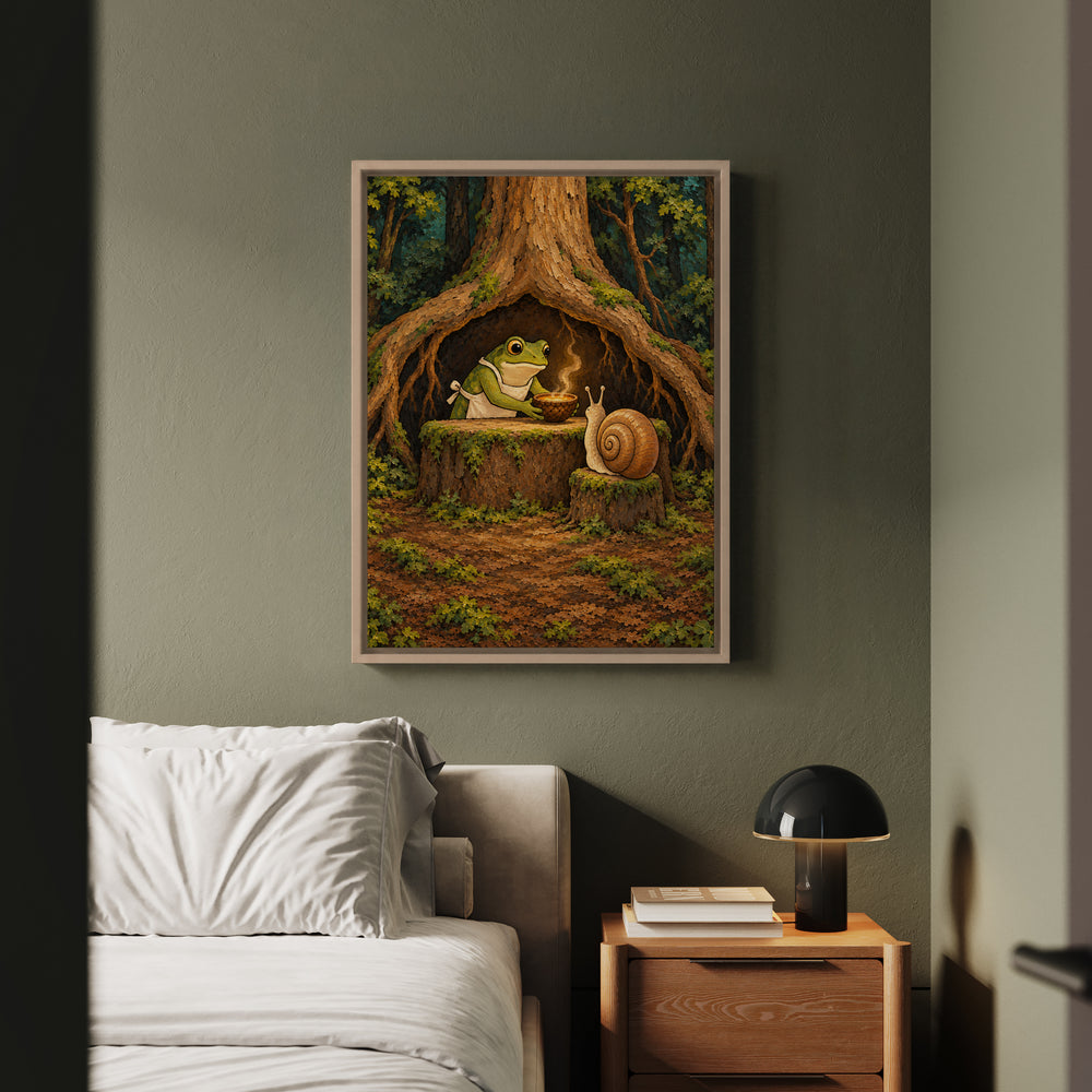 Mud Kitchen, Open Late – Cottagecore Decor with a Frog Serving Under a Root – Framed Canvas Wall Art