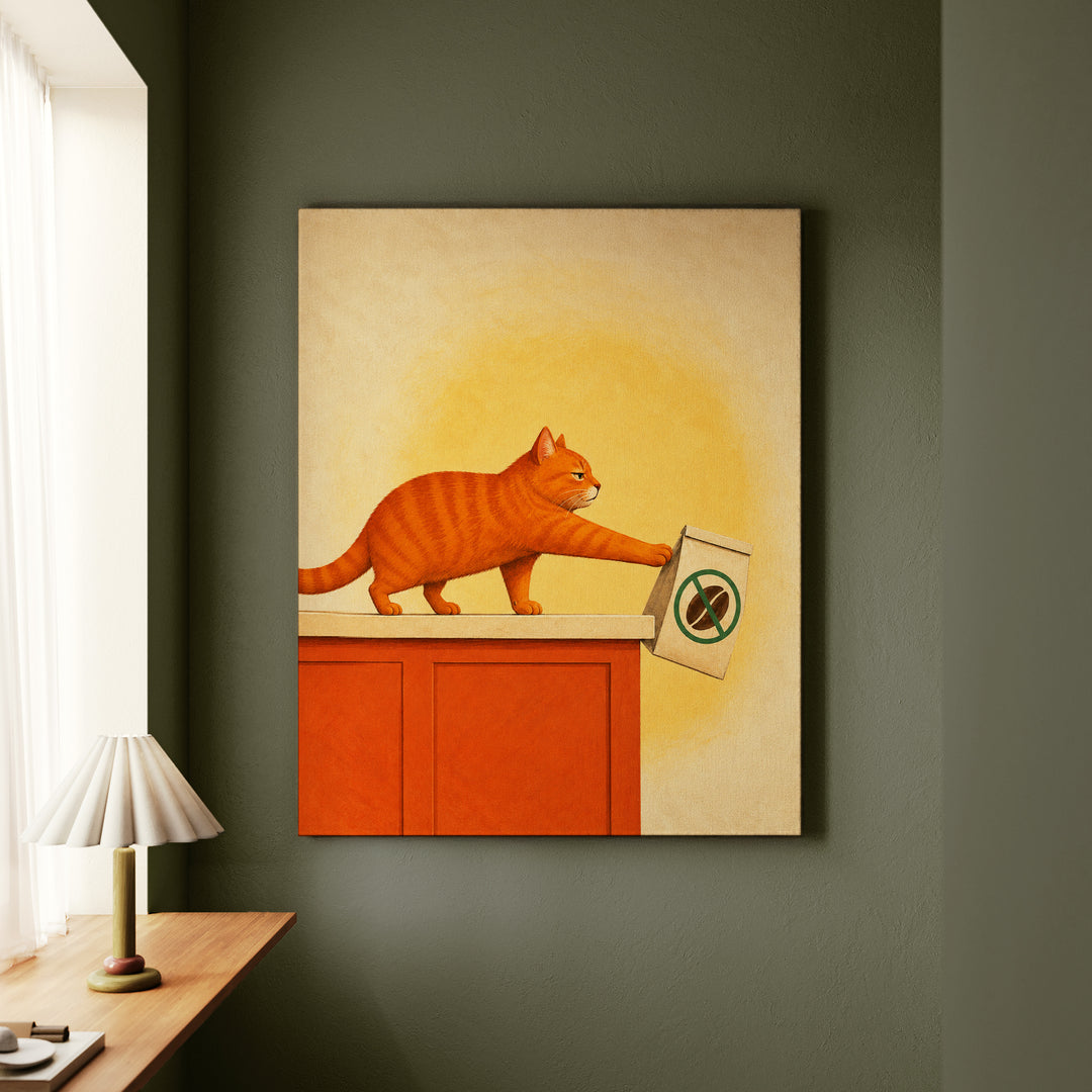 Decaf Doesn't Count – Coffee Wall Art with a Cat and a Doomed Coffee Bag – Canvas Wall Art