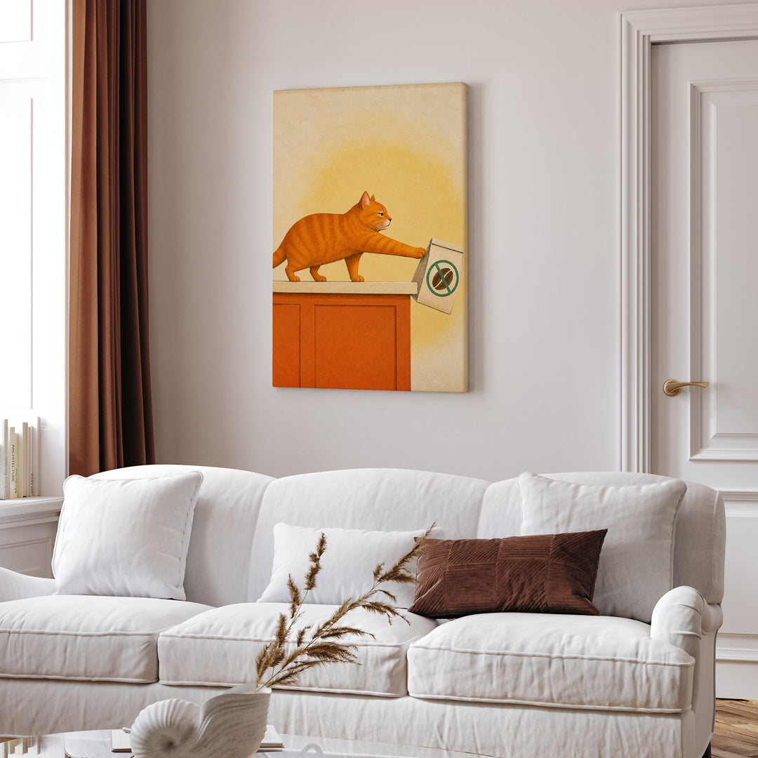 Decaf Doesn't Count – Coffee Wall Art with a Cat and a Doomed Coffee Bag – Canvas / Framed Canvas
