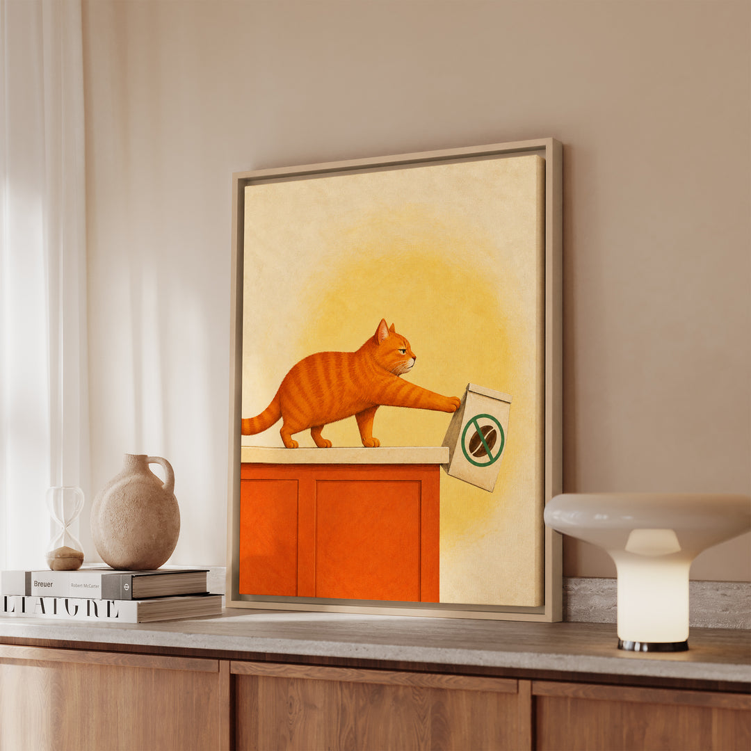 Decaf Doesn't Count – Coffee Wall Art with a Cat and a Doomed Coffee Bag – Framed Canvas Wall Art