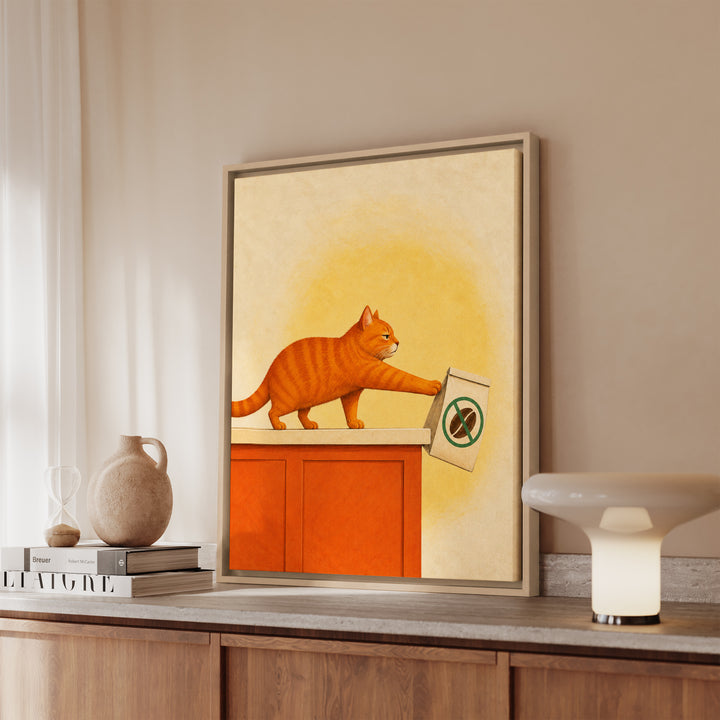 Decaf Doesn't Count – Coffee Wall Art with a Cat and a Doomed Coffee Bag – Canvas / Framed Canvas