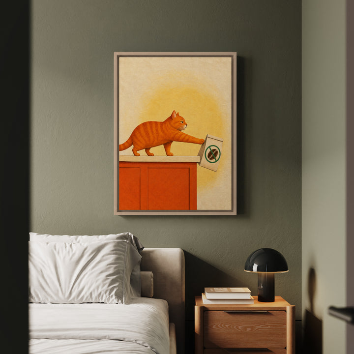 Decaf Doesn't Count – Coffee Wall Art with a Cat and a Doomed Coffee Bag – Framed Canvas Wall Art