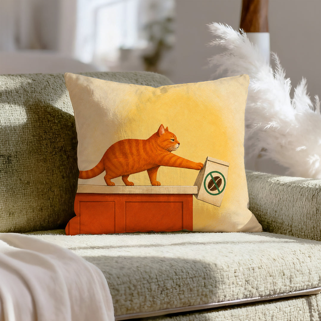 Decaf Doesn't Count – Coffee Decor with a Cat and a Doomed Coffee Bag – Throw Pillow