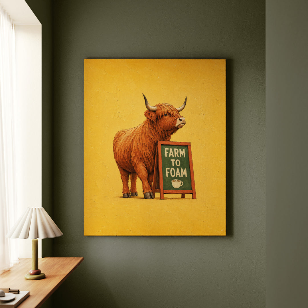 Steamed Milk Source – Coffee Bar Art with a Highland Cow and Farm to Foam – Canvas / Framed Canvas