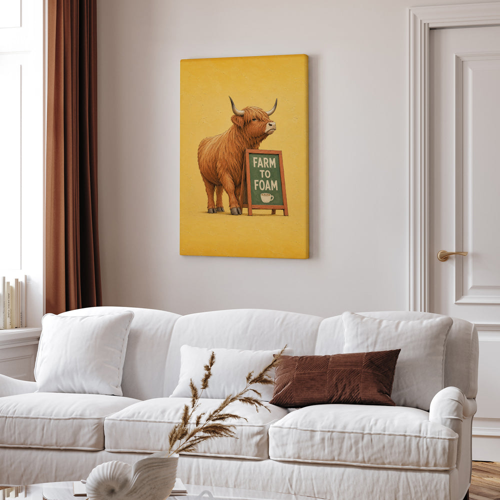 Steamed Milk Source – Coffee Bar Art with a Highland Cow and Farm to Foam – Canvas Wall Art